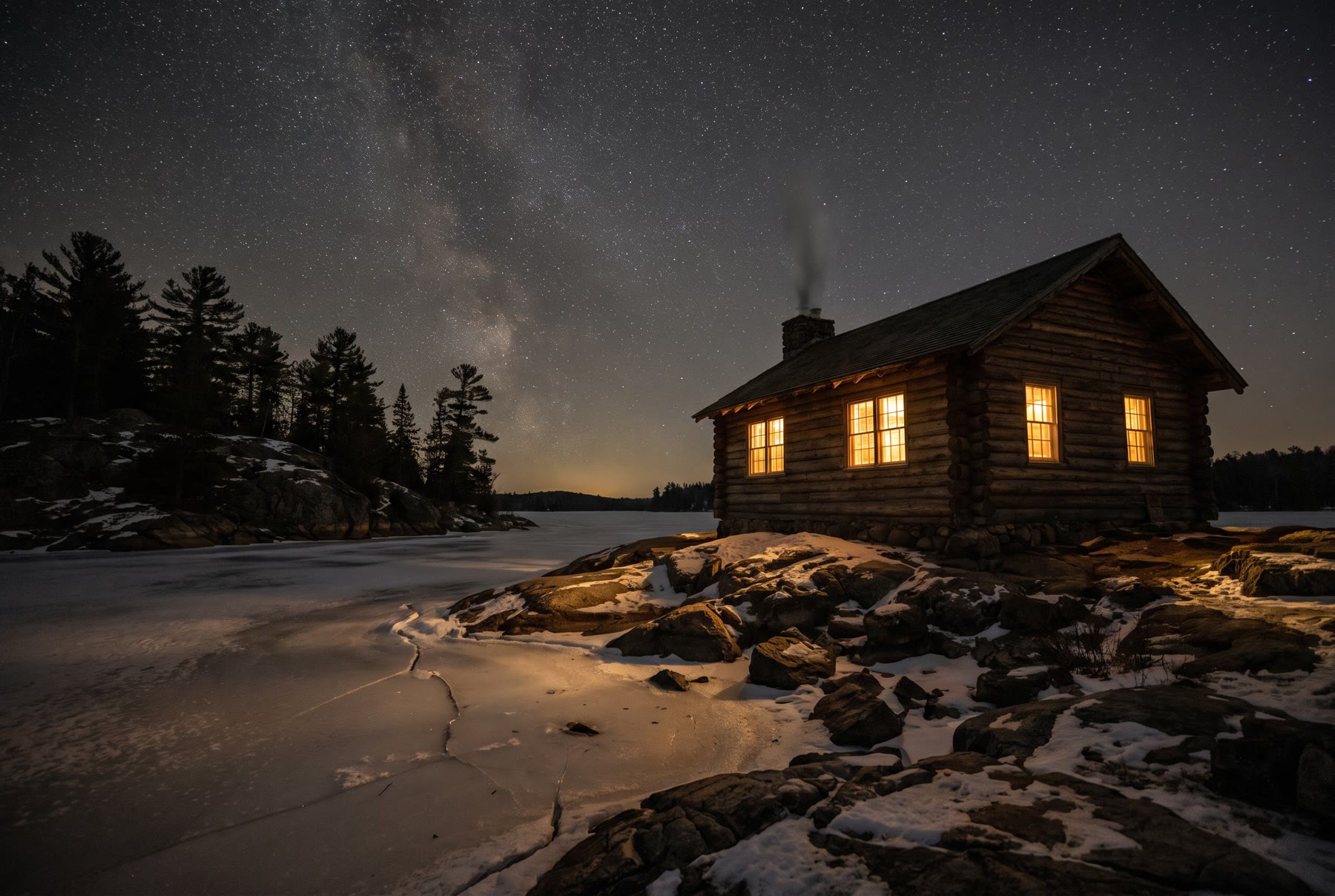 A small lakeside log cabin at night in the Canadian Shield, warm amber light spilling from every window over a calm ice-covered lake under a star-filled sky.