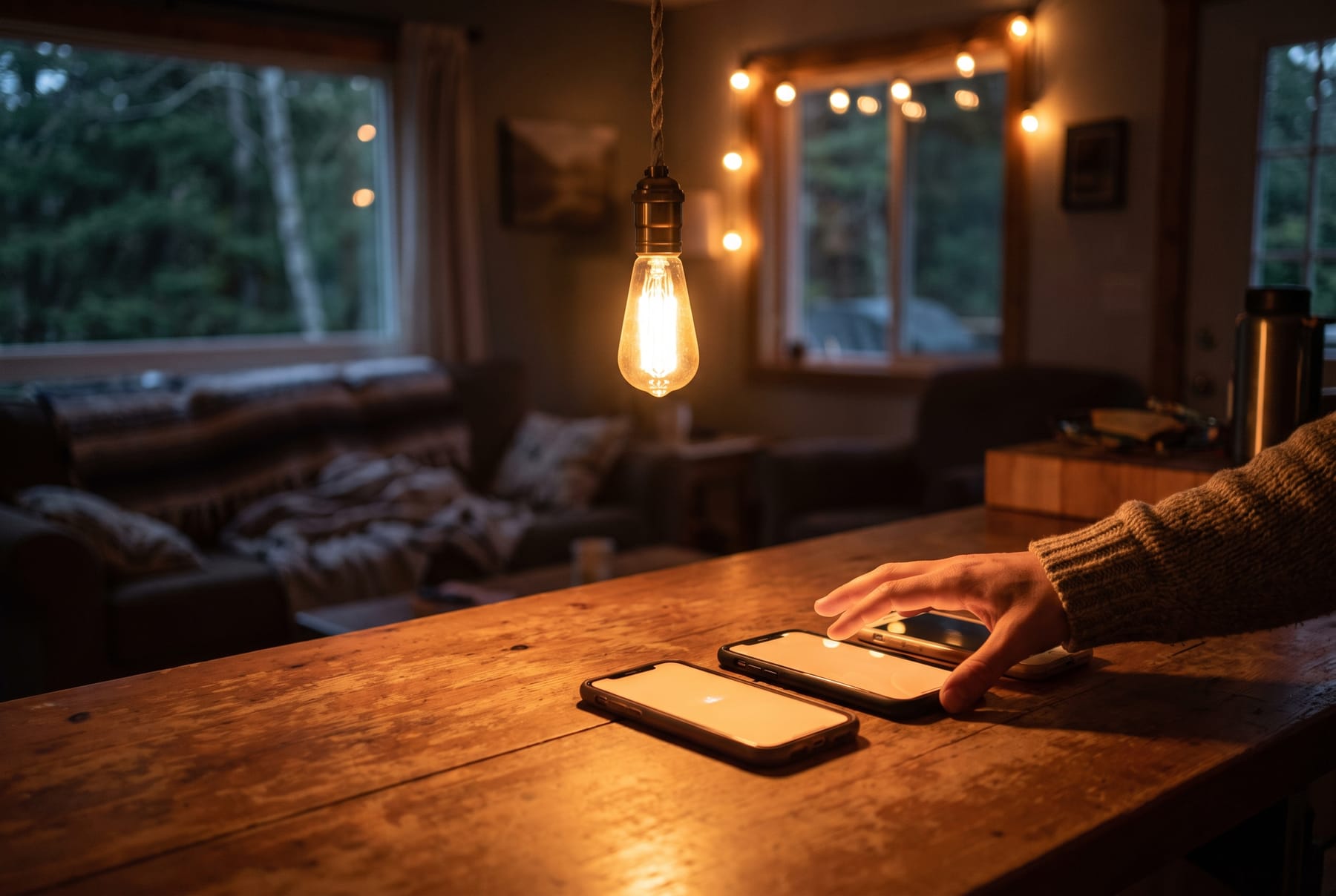 Two smartphones glowing softly amber on a warm wooden table in a cosy cabin at evening, a hand reaching for one, an Edison bulb and string lights lighting the room.