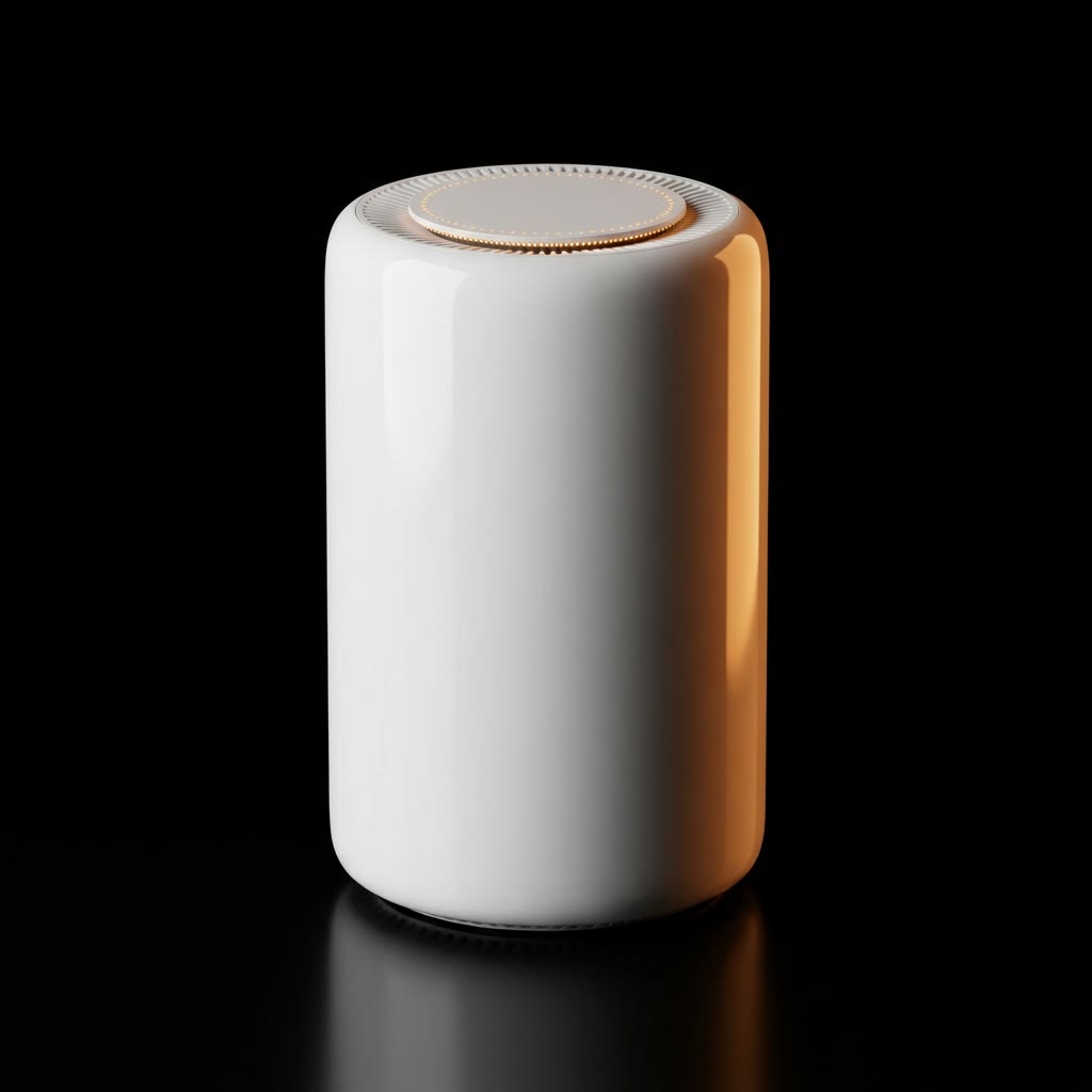 A tall glossy-white cylindrical 5G home internet gateway with a concentric LED ring on its flat top, studio-lit on black with a soft warm amber rim light.