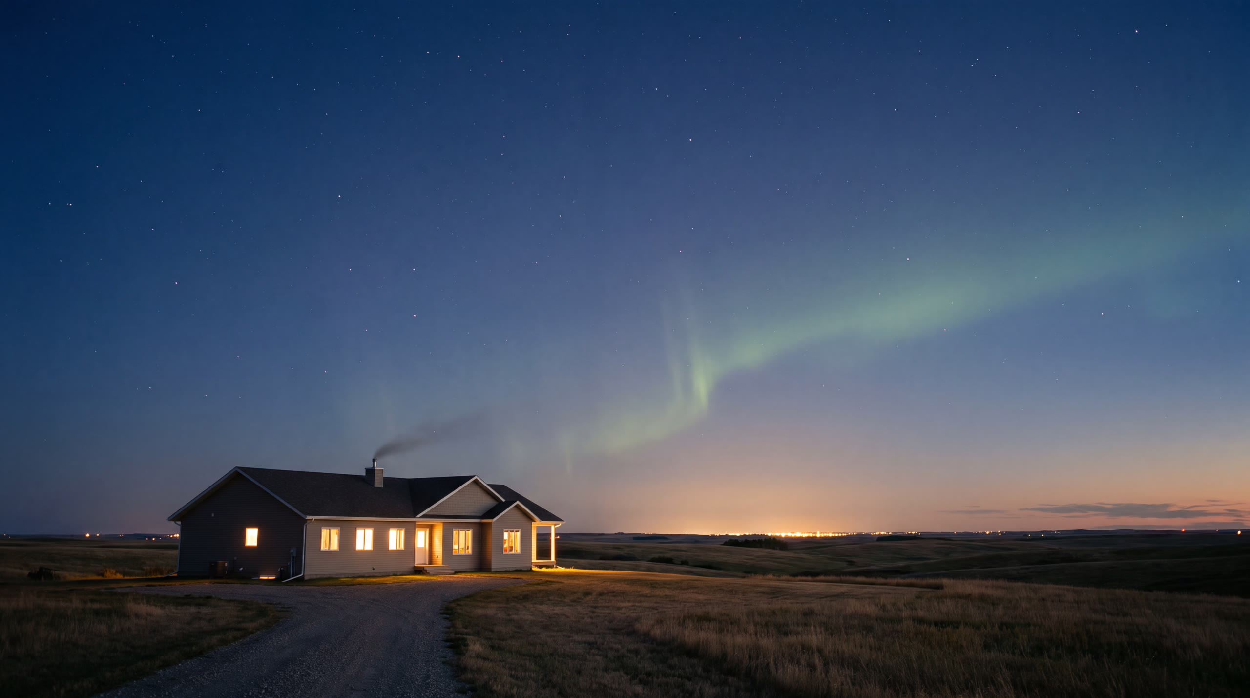 A well-kept, warmly lit modern farmhouse on the Canadian prairie at blue-hour dusk, small against a vast twilight landscape, with a soft green aurora ribbon sweeping across the sky and distant city glow on the horizon.