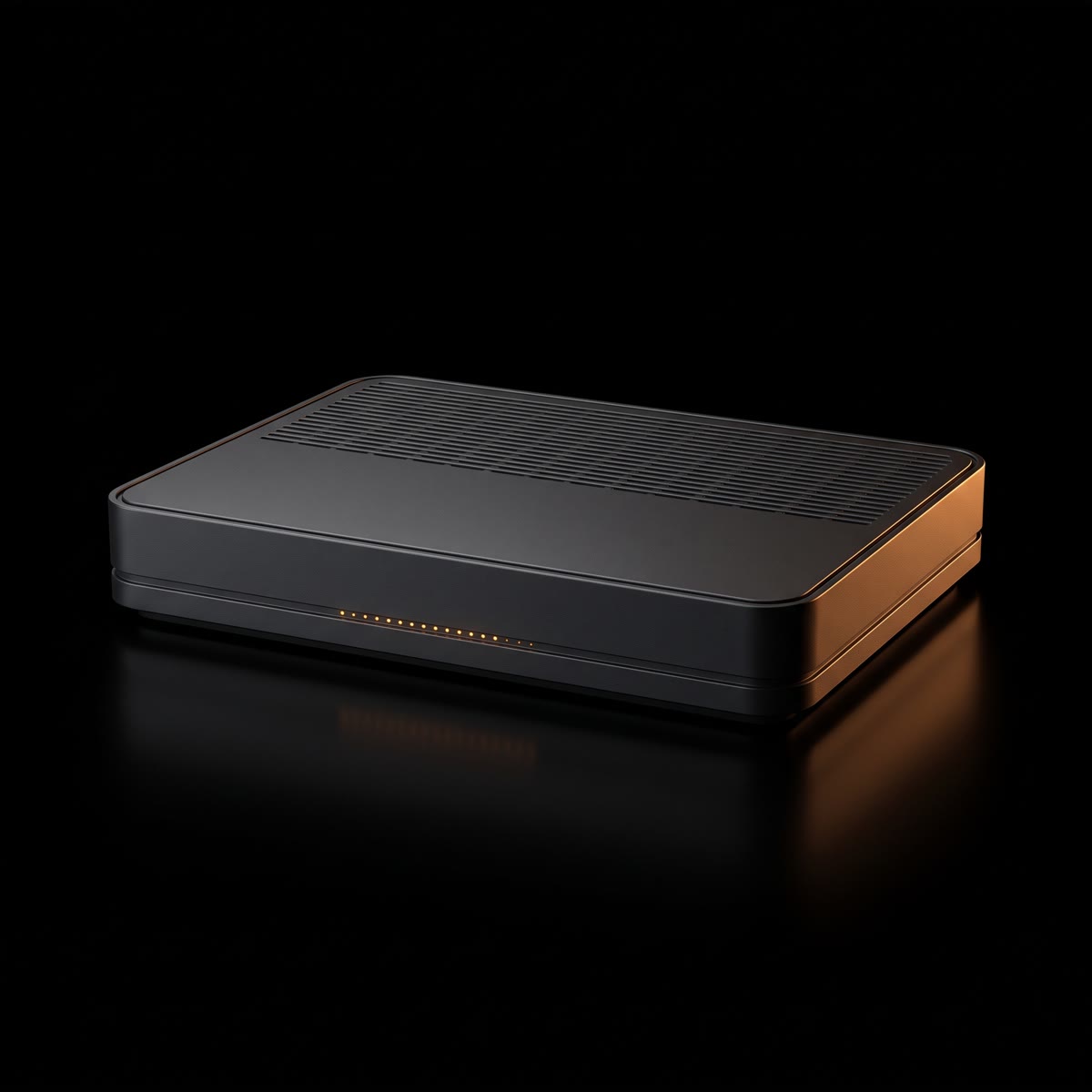 A low, flat, wide horizontal cable modem lying flat with a vented top and a thin horizontal row of amber status LEDs, studio-lit on black with a soft warm amber rim light.