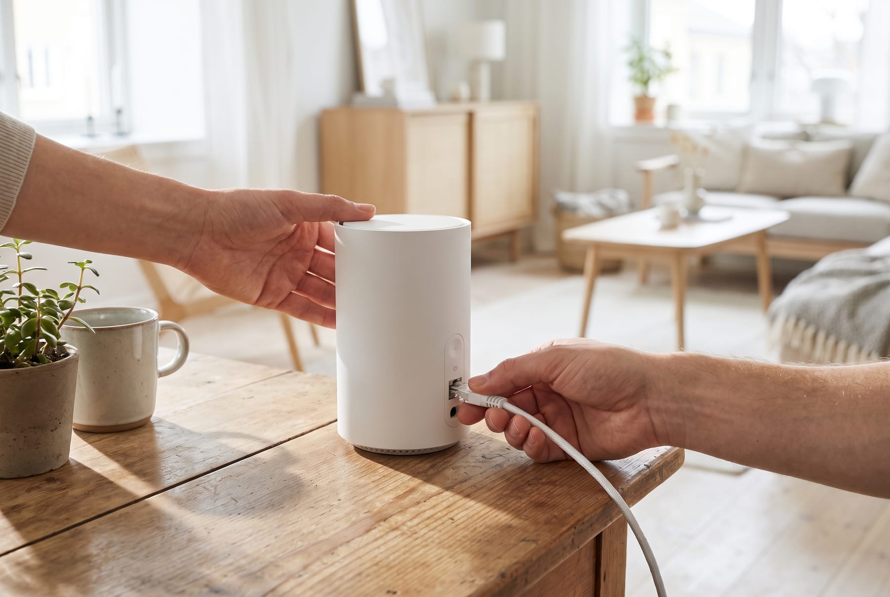 Two hands plugging a white ethernet cable into a minimalist unbranded white home gateway on a sunlit wooden table, a bright airy Scandinavian-style living room behind.