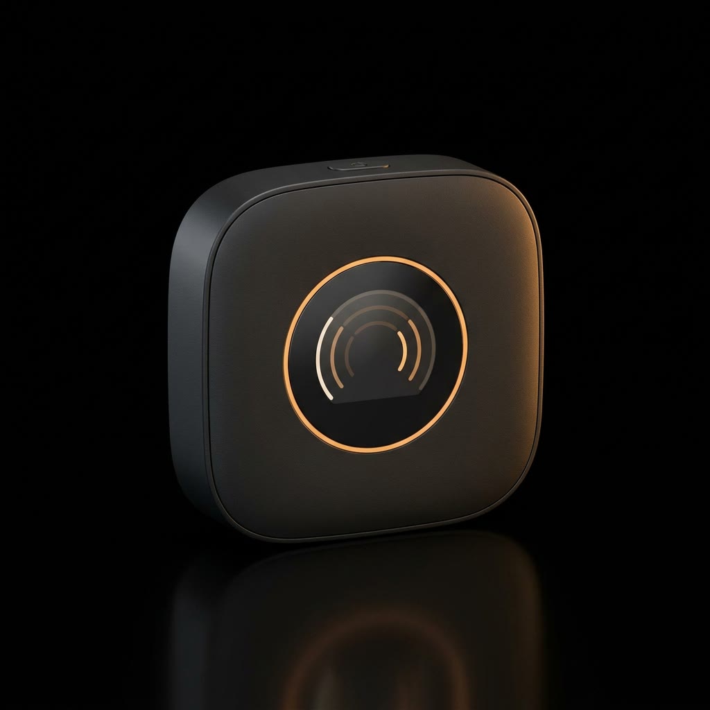 A compact matte-black portable mobile hotspot with a round watch-face style display and warm amber accent ring, studio-lit on black with a soft warm amber rim light.