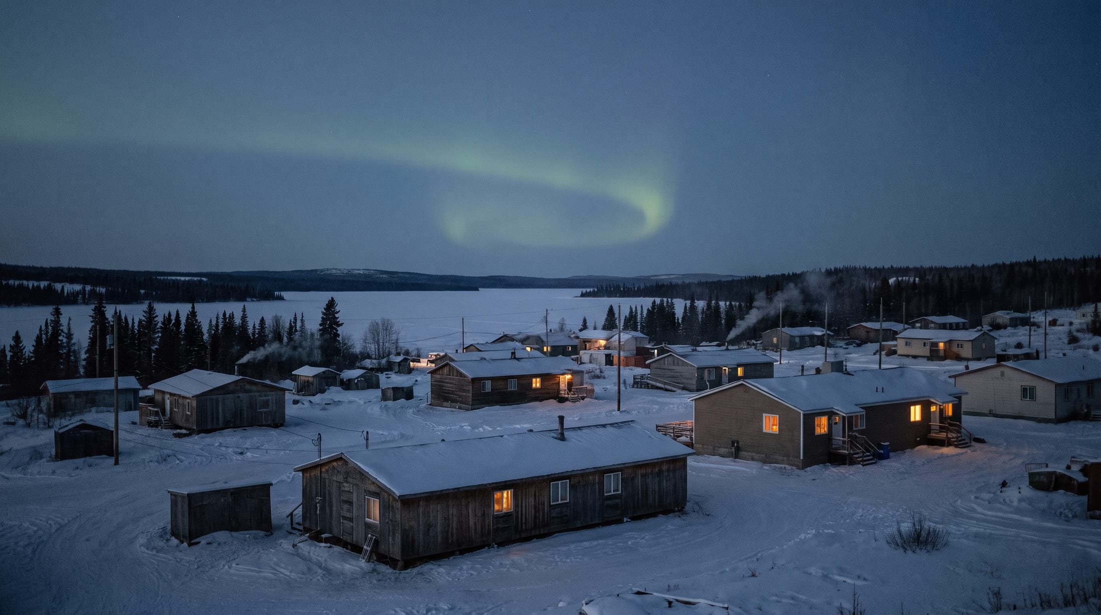 A small northern Canadian town at dusk under a soft green aurora, snow on the ground and rooftops, warm light glowing from the windows of the homes and a frozen lake beyond.