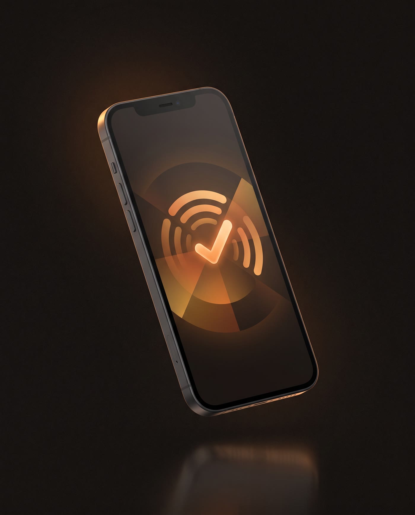 A matte-dark smartphone floating at a slight angle, its screen showing an abstract activation graphic with a warm orange checkmark and signal arcs.
