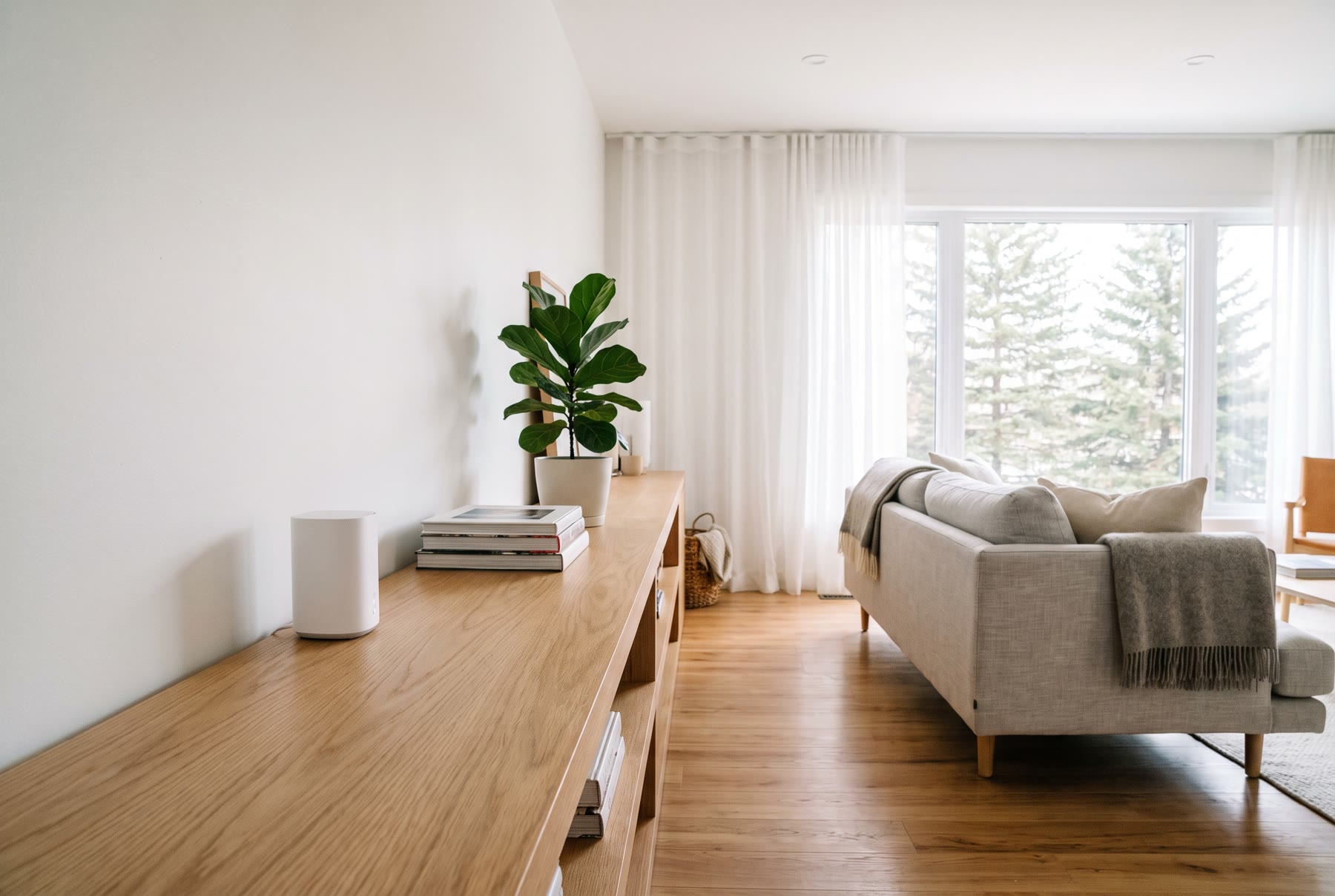 A bright, minimal Scandinavian-style Canadian living room in morning light, with a small white gateway on a shelf.