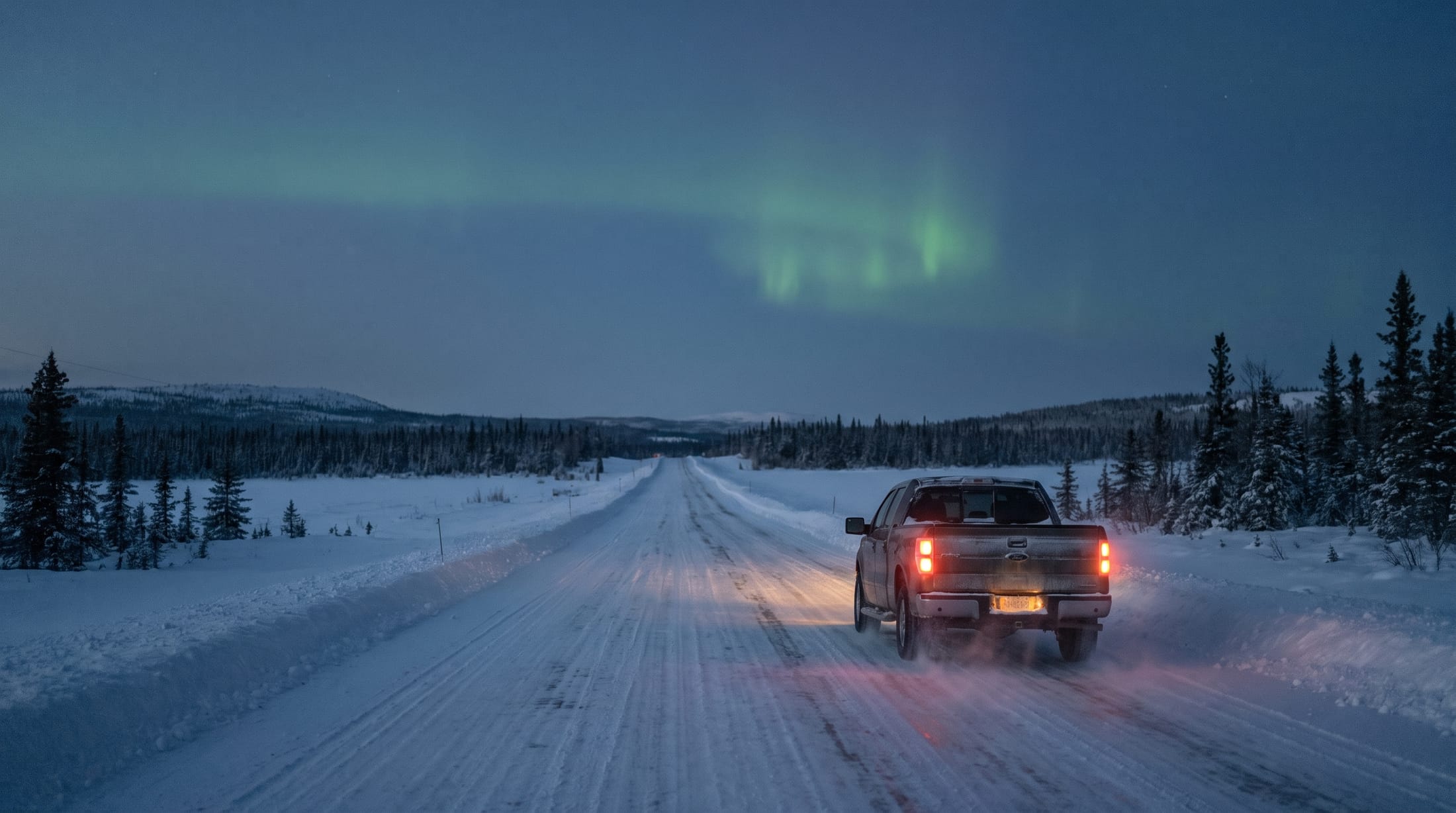 A pickup truck with warm red taillights driving a snow-packed northern highway at blue hour, spruce forest either side and a faint green aurora on the horizon.